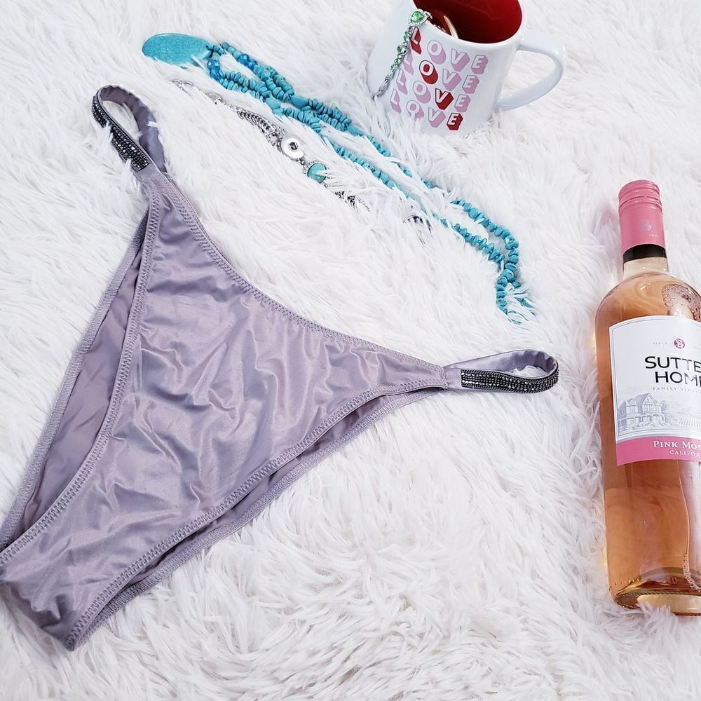 Victoria's Secret BRAZILIAN XLARGE Gray Metallic Black Rhinestones Very Sexy